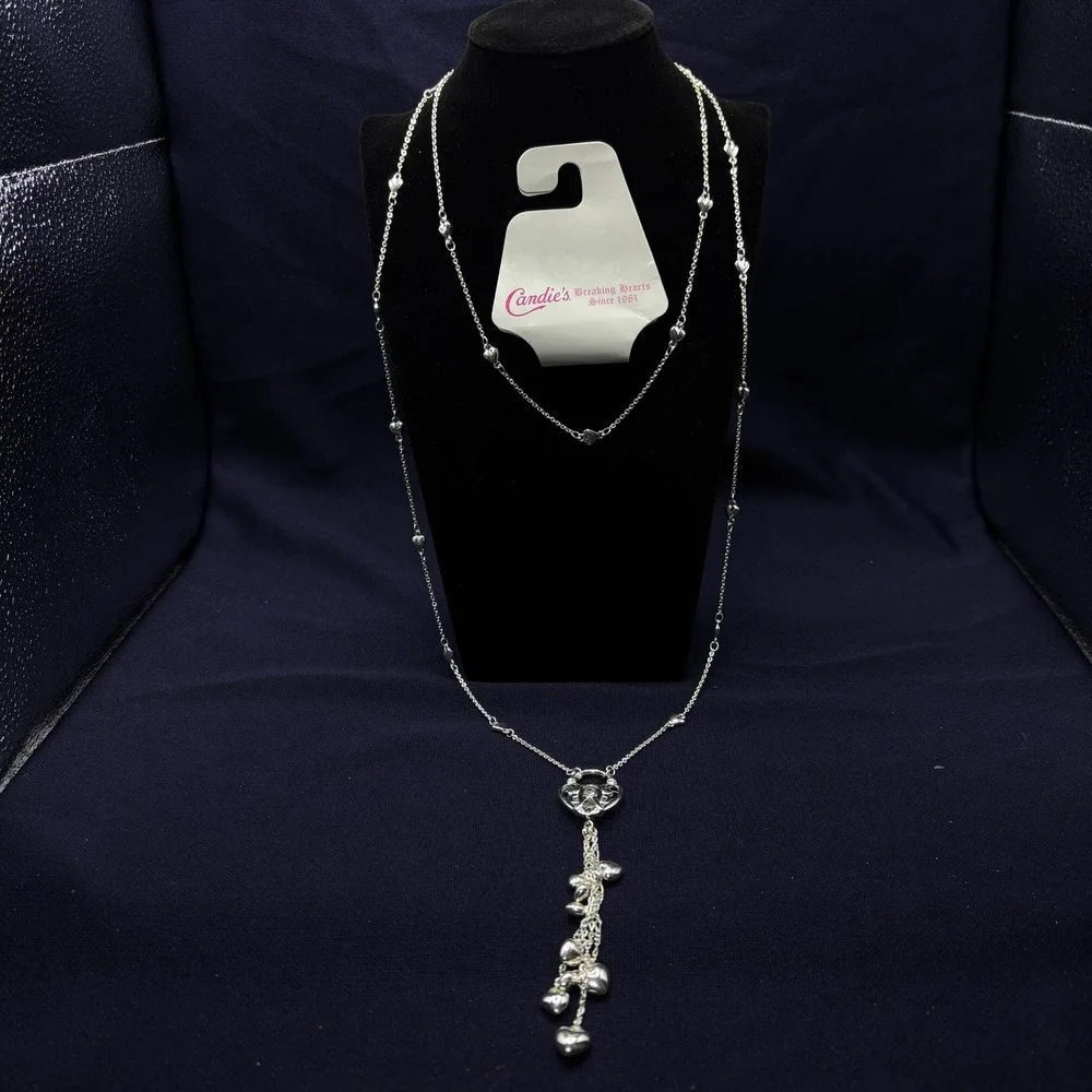 Candies Breaking‎ Hearts Silver Tone Long Station Necklace with Heart Tassel
